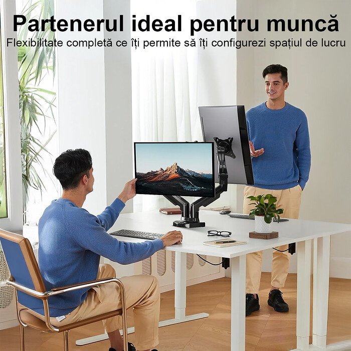 Suport pentru 2 Monitoare Premium 13-32" inch, Arc pe Gaz, pentru Productivitate, Munca, Gaming, Organizator Cabluri, Instalare Usoara, Ergonomic, VESA 75x75 / 100x100, Pana la 9 kg per brat, Prindere cu Clema / Surub, pentru Birou, Negru - imagine 6