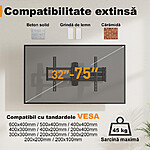 Suport TV de Perete, Premium, Montare pe Perete, Reglabil, Rotire 90° / Extindere 82, 2 cm / Inclinare / Pivotare, Brat Extra-Lung, Universal Televizoare 32 - 75 Inch (81 - 190 cm), VESA 200x100 - 600x400, Max 45 kg, Instalare Usoara, Negru - imagine 3