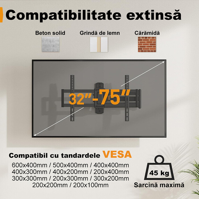 Suport TV de Perete, Premium, Montare pe Perete, Reglabil, Rotire 90° / Extindere 82, 2 cm / Inclinare / Pivotare, Brat Extra-Lung, Universal Televizoare 32 - 75 Inch (81 - 190 cm), VESA 200x100 - 600x400, Max 45 kg, Instalare Usoara, Negru - imagine 3