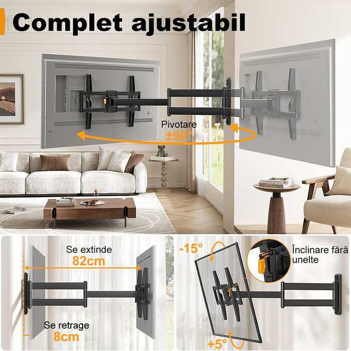 Suport TV de Perete, Premium, Montare pe Perete, Reglabil, Rotire 90° / Extindere 82, 2 cm / Inclinare / Pivotare, Brat Extra-Lung, Universal Televizoare 32 - 75 Inch (81 - 190 cm), VESA 200x100 - 600x400, Max 45 kg, Instalare Usoara, Negru - imagine 5