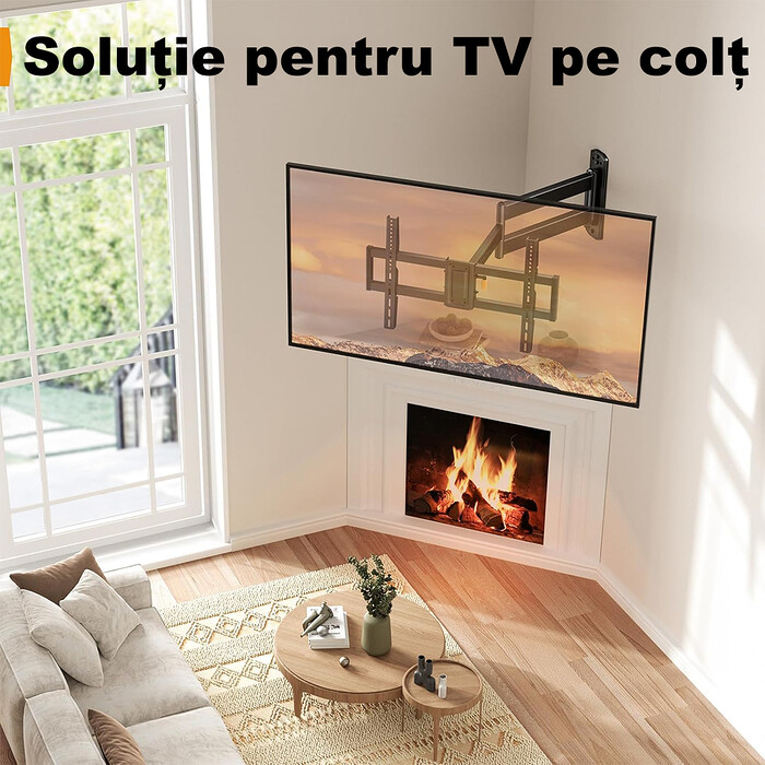 Suport TV de Perete, Premium, Montare pe Perete, Reglabil, Rotire 90° / Extindere 82, 2 cm / Inclinare / Pivotare, Brat Extra-Lung, Universal Televizoare 32 - 75 Inch (81 - 190 cm), VESA 200x100 - 600x400, Max 45 kg, Instalare Usoara, Negru - imagine 6