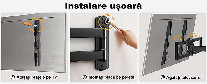Suport TV de Perete, Premium, Montare pe Perete, Reglabil, Rotire 90° / Extindere 82, 2 cm / Inclinare / Pivotare, Brat Extra-Lung, Universal Televizoare 32 - 75 Inch (81 - 190 cm), VESA 200x100 - 600x400, Max 45 kg, Instalare Usoara, Negru - imagine 11