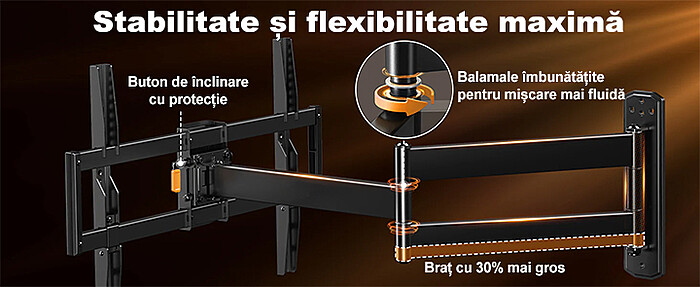 Suport TV de Perete, Premium, Montare pe Perete, Reglabil, Rotire 90° / Extindere 82, 2 cm / Inclinare / Pivotare, Brat Extra-Lung, Universal Televizoare 32 - 75 Inch (81 - 190 cm), VESA 200x100 - 600x400, Max 45 kg, Instalare Usoara, Negru - imagine 12