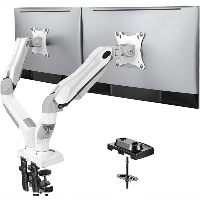 Suport pentru 2 Monitoare Premium 13-32" inch, Arc pe Gaz, pentru Productivitate, Munca, Gaming, Organizator Cabluri, Instalare Usoara, Ergonomic, VESA 75x75 / 100x100, Pana la 9 kg per brat, Prindere cu Clema / Surub, pentru Birou, Alb - imagine 8