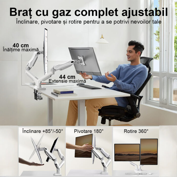 Suport pentru 2 Monitoare Premium 13-32" inch, Arc pe Gaz, pentru Productivitate, Munca, Gaming, Organizator Cabluri, Instalare Usoara, Ergonomic, VESA 75x75 / 100x100, Pana la 9 kg per brat, Prindere cu Clema / Surub, pentru Birou, Alb - imagine 4