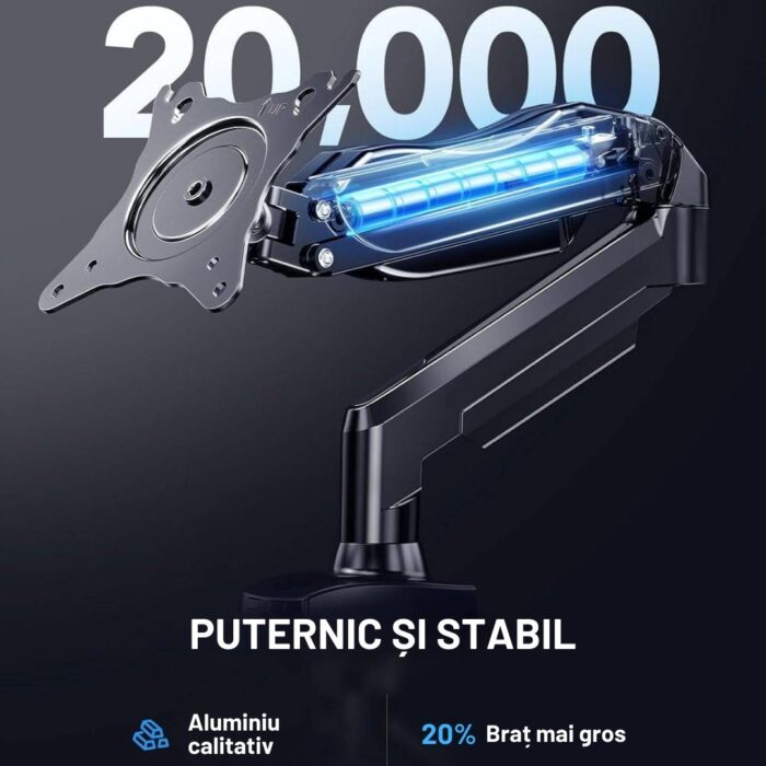 Suport Monitor Premium pentru Birou 13-32" inch, Arc pe Gaz, pentru Productivitate, Munca, Gaming, Organizator Cabluri, Instalare Usoara, Ergonomic, VESA 75x75 / 100x100, Pana la 9 kg per brat, Prindere cu Clema / Surub, Negru - imagine 3