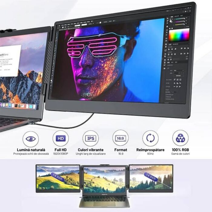 Monitor Extensibil si Portabil pentru Laptop, 14inch FHD 1080P, Ultra-Subtire, Plug & Play, Compatibil PC, Consola, Windows, Mac, Telefon, Afisaj 16:9, Multitasking, Laptopuri 13.3 - 16.5 inch, Difuzor, USB-C, HDMI, Geanta Inclusa, Negru - imagine 3