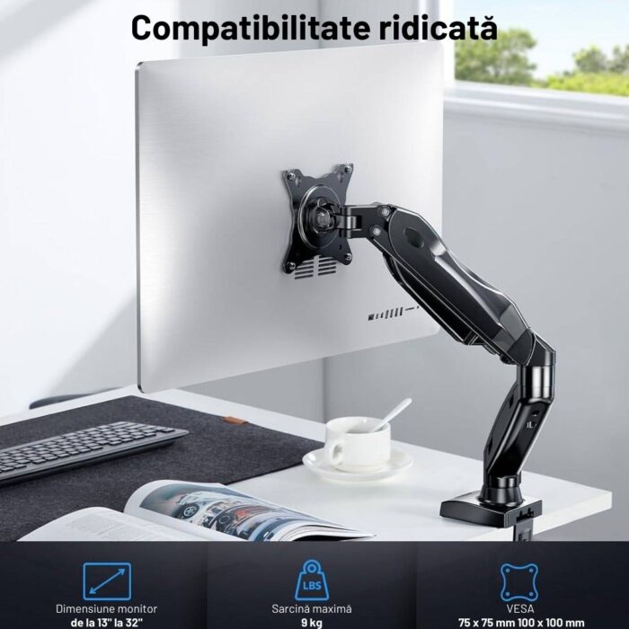 Suport Monitor Premium pentru Birou 13-32" inch, Arc pe Gaz, pentru Productivitate, Munca, Gaming, Organizator Cabluri, Instalare Usoara, Ergonomic, VESA 75x75 / 100x100, Pana la 9 kg per brat, Prindere cu Clema / Surub, Negru - imagine 4