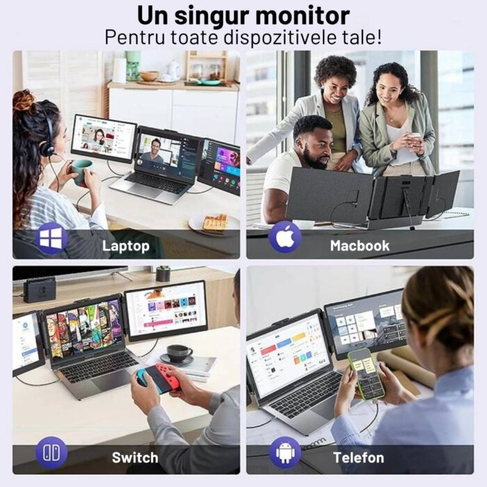 Monitor Extensibil si Portabil pentru Laptop, 14inch FHD 1080P, Ultra-Subtire, Plug & Play, Compatibil PC, Consola, Windows, Mac, Telefon, Afisaj 16:9, Multitasking, Laptopuri 13.3 - 16.5 inch, Difuzor, USB-C, HDMI, Geanta Inclusa, Negru - imagine 4