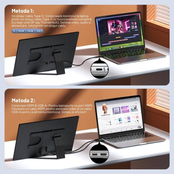 Monitor Portabil pentru Laptop, 16inch FHD 1200P, Ultra-Subtire, Plug & Play, Compatibil PC, Consola, Windows, Mac, Telefon, Afisaj 16:10, Multitasking, Suport 360°, Moduri Vertical & Orizontal, Difuzor, USB-C si HDMI, Geanta Inclusa, Negru - imagine 6