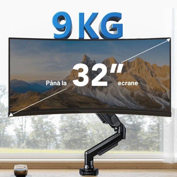 Suport Monitor Premium pentru Birou 13-32" inch, Arc pe Gaz, pentru Productivitate, Munca, Gaming, Organizator Cabluri, Instalare Usoara, Ergonomic, VESA 75x75 / 100x100, Pana la 9 kg per brat, Prindere cu Clema / Surub, Negru - imagine 5
