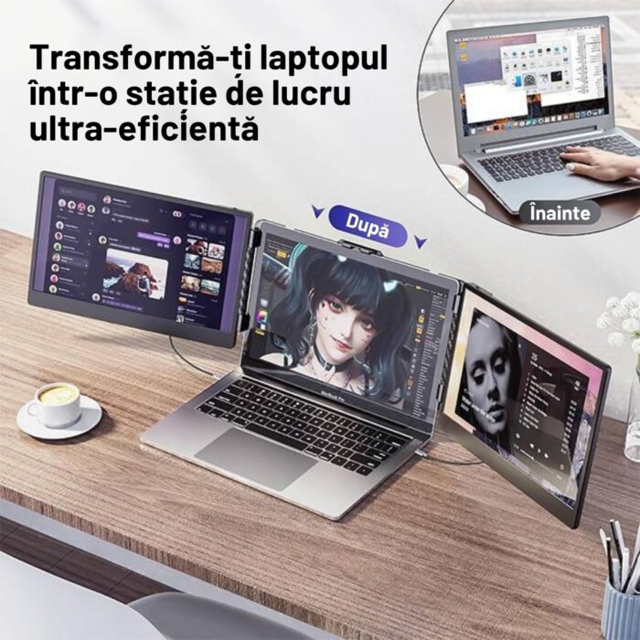 Monitor Extensibil si Portabil pentru Laptop, 14inch FHD 1080P, Ultra-Subtire, Plug & Play, Compatibil PC, Consola, Windows, Mac, Telefon, Afisaj 16:9, Multitasking, Laptopuri 13.3 - 16.5 inch, Difuzor, USB-C, HDMI, Geanta Inclusa, Negru - imagine 5