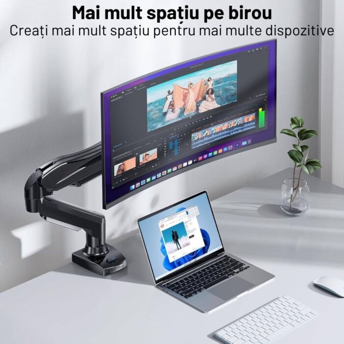 Suport Monitor Premium pentru Birou 13-32" inch, Arc pe Gaz, pentru Productivitate, Munca, Gaming, Organizator Cabluri, Instalare Usoara, Ergonomic, VESA 75x75 / 100x100, Pana la 9 kg per brat, Prindere cu Clema / Surub, Negru - imagine 6