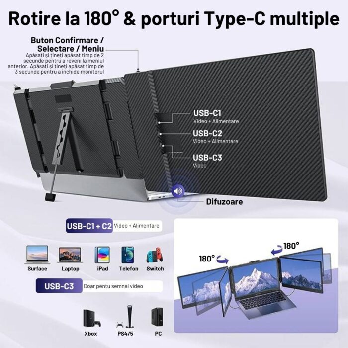 Monitor Extensibil si Portabil pentru Laptop, 14inch FHD 1080P, Ultra-Subtire, Plug & Play, Compatibil PC, Consola, Windows, Mac, Telefon, Afisaj 16:9, Multitasking, Laptopuri 13.3 - 16.5 inch, Difuzor, USB-C, HDMI, Geanta Inclusa, Negru - imagine 6