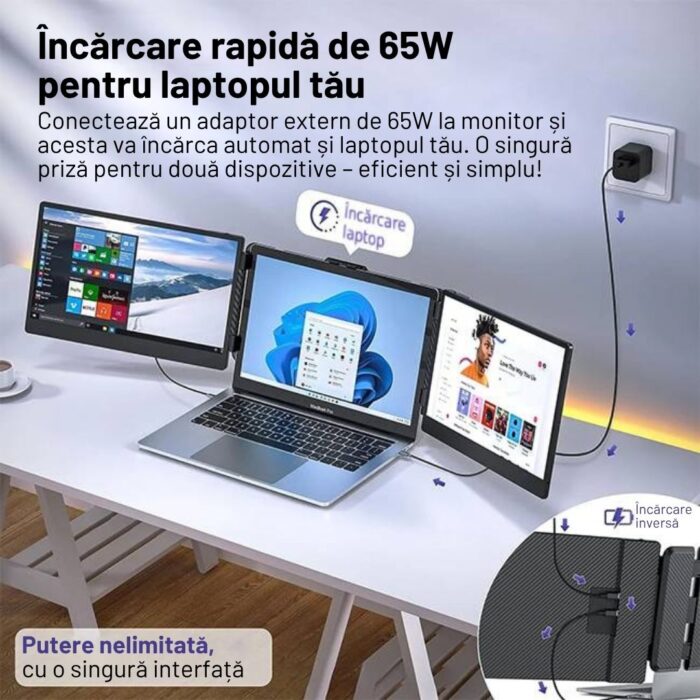 Monitor Extensibil si Portabil pentru Laptop, 14inch FHD 1080P, Ultra-Subtire, Plug & Play, Compatibil PC, Consola, Windows, Mac, Telefon, Afisaj 16:9, Multitasking, Laptopuri 13.3 - 16.5 inch, Difuzor, USB-C, HDMI, Geanta Inclusa, Negru - imagine 7