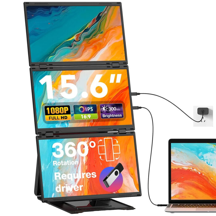 Monitoare Portabile Triple pentru Laptop, 15.6inch FHD IPS 1080P, Ultra-Subtire, Plug & Play, Compatibile PC, Consola, Windows, Mac, Telefon, Afisaj 16:9, Multitasking, Difuzor, Suport, Moduri Vertical & Orizontal, VESA, USB-C si HDMI, Negru - imagine 8