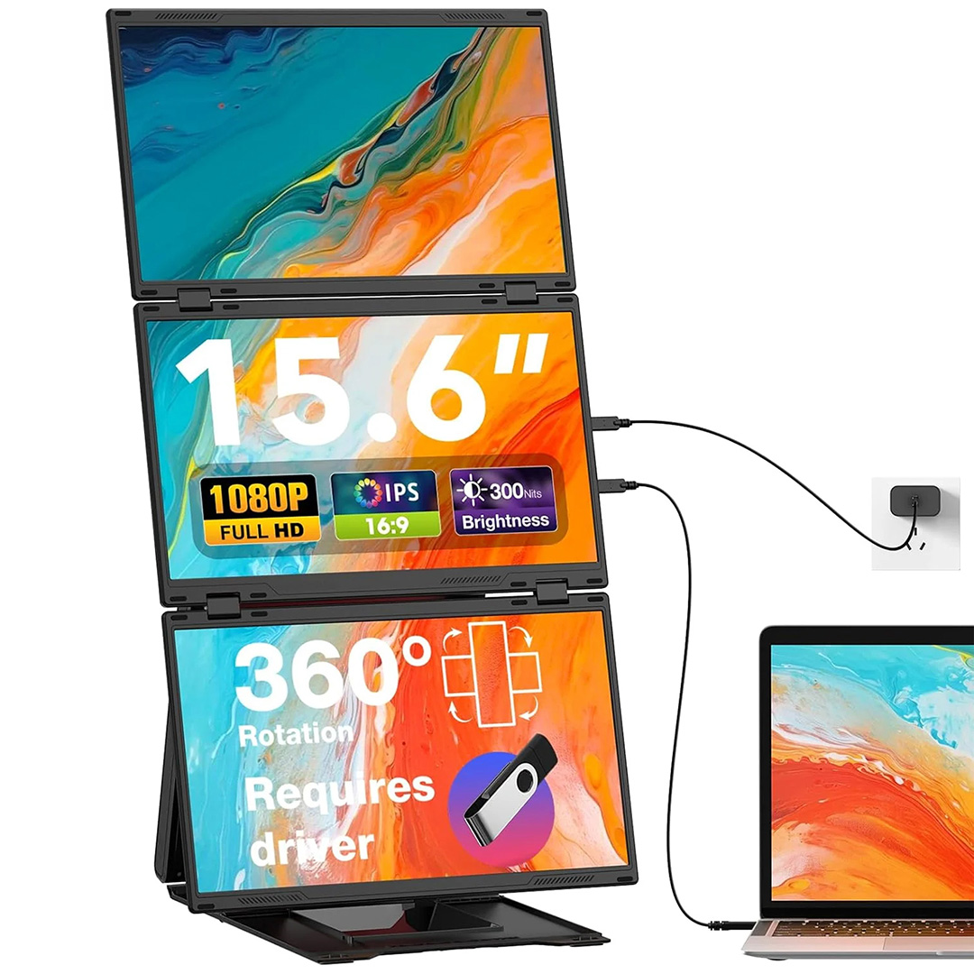 01 Monitoare Portabile Triple pentru Laptop, 15.6inch FHD IPS 1080P, Ultra-Subtire, Plug & Play, Compatibile PC, Consola, Windows, Mac, Telefon, Afisaj 16:9, Multitasking, Difuzor, Suport, Moduri Vertical & Orizontal, VESA, USB-C si HDMI, Negru - imagine 1