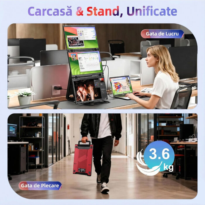 Monitoare Portabile Triple pentru Laptop, 15.6inch FHD IPS 1080P, Ultra-Subtire, Plug & Play, Compatibile PC, Consola, Windows, Mac, Telefon, Afisaj 16:9, Multitasking, Difuzor, Suport, Moduri Vertical & Orizontal, VESA, USB-C si HDMI, Negru - imagine 7