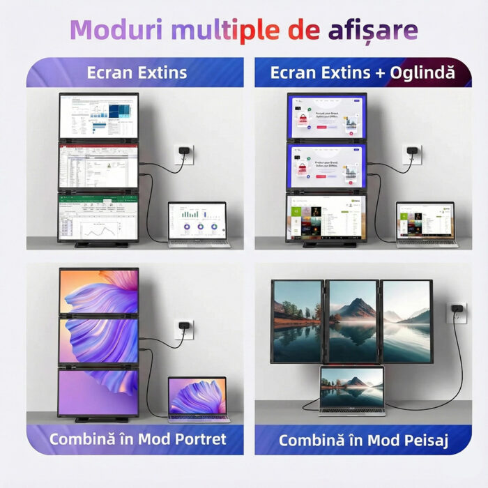 Monitoare Portabile Triple pentru Laptop, 15.6inch FHD IPS 1080P, Ultra-Subtire, Plug & Play, Compatibile PC, Consola, Windows, Mac, Telefon, Afisaj 16:9, Multitasking, Difuzor, Suport, Moduri Vertical & Orizontal, VESA, USB-C si HDMI, Negru - imagine 3