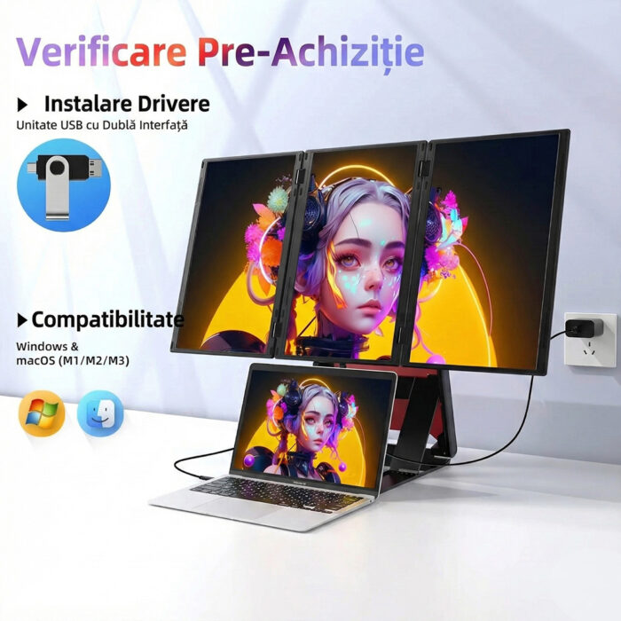 Monitoare Portabile Triple pentru Laptop, 15.6inch FHD IPS 1080P, Ultra-Subtire, Plug & Play, Compatibile PC, Consola, Windows, Mac, Telefon, Afisaj 16:9, Multitasking, Difuzor, Suport, Moduri Vertical & Orizontal, VESA, USB-C si HDMI, Negru - imagine 2