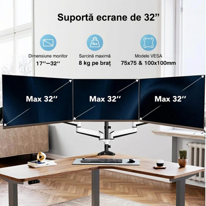 Suport 3 Monitoare Premium pentru Birou 17-32" inch, Arc pe Gaz, pentru Productivitate, Multitasking, Munca, Gaming, Organizator Cabluri, Instalare Usoara, Ergonomic, VESA 75x75 / 100x100, Pana la 8 kg per brat, Prindere cu Clema/Surub, Alb - imagine 3