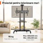 Suport TV Mobil Profesional cu Roti, Premium, 2 x Suport Raft Laptop, Camera, PS, DVD, Inaltime Reglabila, Universal pentru Televizoare Mari 55 - 90 Inch (140 - 228 cm), Compatibil VESA 800x500 - 200x200, Max 90 kg, Instalare Usoara, Negru - imagine 4
