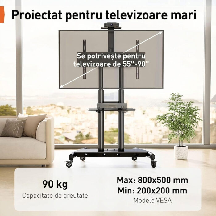 Suport TV Mobil Profesional cu Roti, Premium, 2 x Suport Raft Laptop, Camera, PS, DVD, Inaltime Reglabila, Universal pentru Televizoare Mari 55 - 90 Inch (140 - 228 cm), Compatibil VESA 800x500 - 200x200, Max 90 kg, Instalare Usoara, Negru - imagine 4