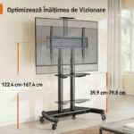Suport TV Mobil Profesional cu Roti, Premium, 2 x Suport Raft Laptop, Camera, PS, DVD, Inaltime Reglabila, Universal pentru Televizoare Mari 55 - 90 Inch (140 - 228 cm), Compatibil VESA 800x500 - 200x200, Max 90 kg, Instalare Usoara, Negru - imagine 5