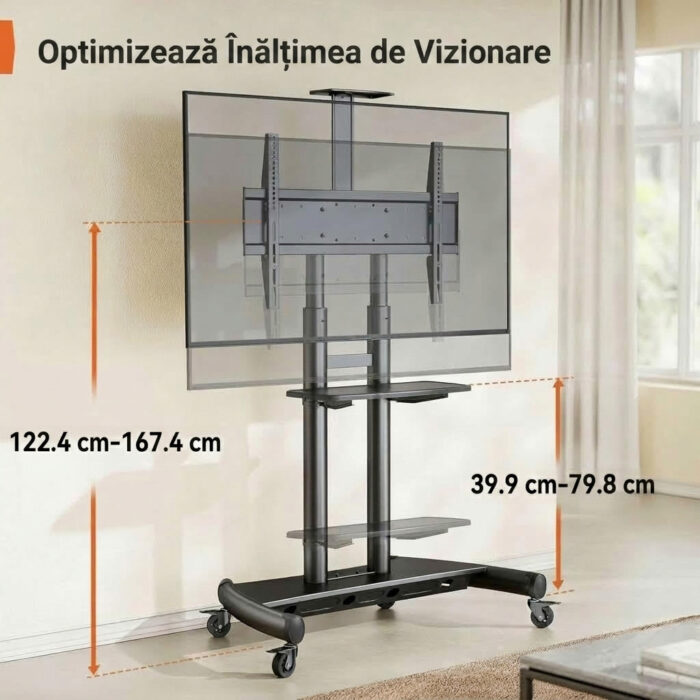 Suport TV Mobil Profesional cu Roti, Premium, 2 x Suport Raft Laptop, Camera, PS, DVD, Inaltime Reglabila, Universal pentru Televizoare Mari 55 - 90 Inch (140 - 228 cm), Compatibil VESA 800x500 - 200x200, Max 90 kg, Instalare Usoara, Negru - imagine 5