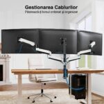 Suport 3 Monitoare Premium pentru Birou 17-32" inch, Arc pe Gaz, pentru Productivitate, Multitasking, Munca, Gaming, Organizator Cabluri, Instalare Usoara, Ergonomic, VESA 75x75 / 100x100, Pana la 8 kg per brat, Prindere cu Clema/Surub, Alb - imagine 5