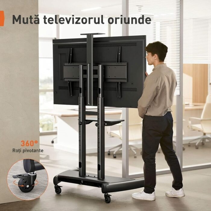 Suport TV Mobil Profesional cu Roti, Premium, 2 x Suport Raft Laptop, Camera, PS, DVD, Inaltime Reglabila, Universal pentru Televizoare Mari 55 - 90 Inch (140 - 228 cm), Compatibil VESA 800x500 - 200x200, Max 90 kg, Instalare Usoara, Negru - imagine 6