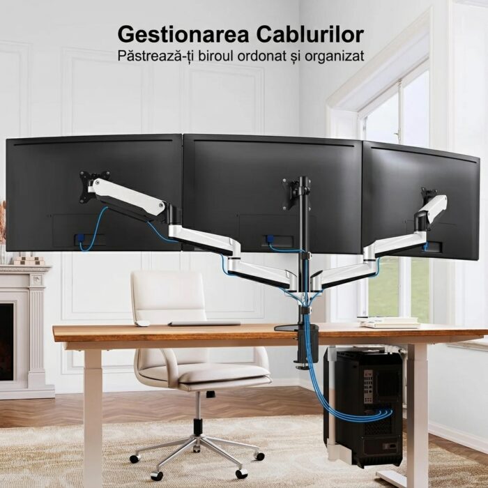 Suport 3 Monitoare Premium pentru Birou 17-32" inch, Arc pe Gaz, pentru Productivitate, Multitasking, Munca, Gaming, Organizator Cabluri, Instalare Usoara, Ergonomic, VESA 75x75 / 100x100, Pana la 8 kg per brat, Prindere cu Clema/Surub, Alb - imagine 5