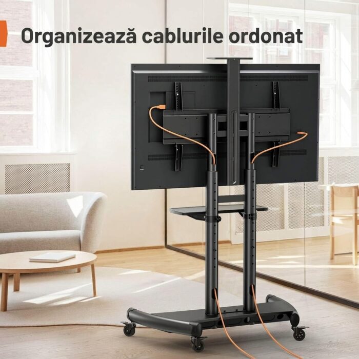 Suport TV Mobil Profesional cu Roti, Premium, 2 x Suport Raft Laptop, Camera, PS, DVD, Inaltime Reglabila, Universal pentru Televizoare Mari 55 - 90 Inch (140 - 228 cm), Compatibil VESA 800x500 - 200x200, Max 90 kg, Instalare Usoara, Negru - imagine 7