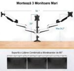 Suport 3 Monitoare Premium pentru Birou 17-32" inch, Arc pe Gaz, pentru Productivitate, Multitasking, Munca, Gaming, Organizator Cabluri, Instalare Usoara, Ergonomic, VESA 75x75 / 100x100, Pana la 8 kg per brat, Prindere cu Clema/Surub, Alb - imagine 8