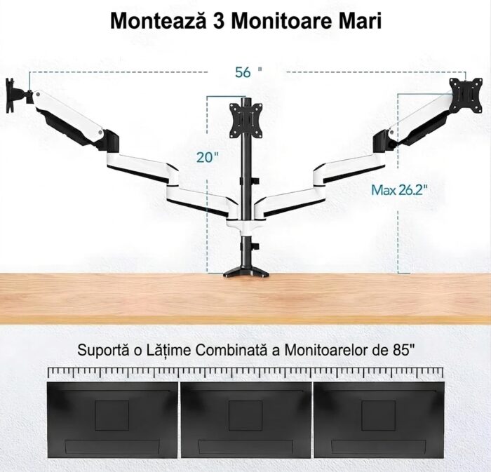 Suport 3 Monitoare Premium pentru Birou 17-32" inch, Arc pe Gaz, pentru Productivitate, Multitasking, Munca, Gaming, Organizator Cabluri, Instalare Usoara, Ergonomic, VESA 75x75 / 100x100, Pana la 8 kg per brat, Prindere cu Clema/Surub, Alb - imagine 8