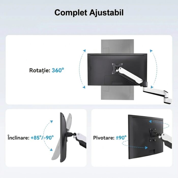 Suport 3 Monitoare Premium pentru Birou 17-32" inch, Arc pe Gaz, pentru Productivitate, Multitasking, Munca, Gaming, Organizator Cabluri, Instalare Usoara, Ergonomic, VESA 75x75 / 100x100, Pana la 8 kg per brat, Prindere cu Clema/Surub, Alb - imagine 9