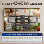 Suport TV de Perete, Premium, Montare pe Perete, Reglabil, Rotire 180° / Extindere 81, 3 cm / Inclinare / Pivotare, Brat Extra-Lung, Universal Televizoare 37 - 75 Inch (93 - 191 cm), VESA 200x100 - 600x400, Max 40 kg, Instalare Usoara, Negru - imagine 8