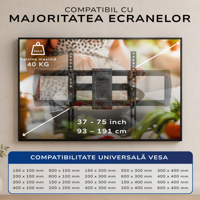 Suport TV de Perete, Premium, Montare pe Perete, Reglabil, Rotire 180° / Extindere 81, 3 cm / Inclinare / Pivotare, Brat Extra-Lung, Universal Televizoare 37 - 75 Inch (93 - 191 cm), VESA 200x100 - 600x400, Max 40 kg, Instalare Usoara, Negru - imagine 8