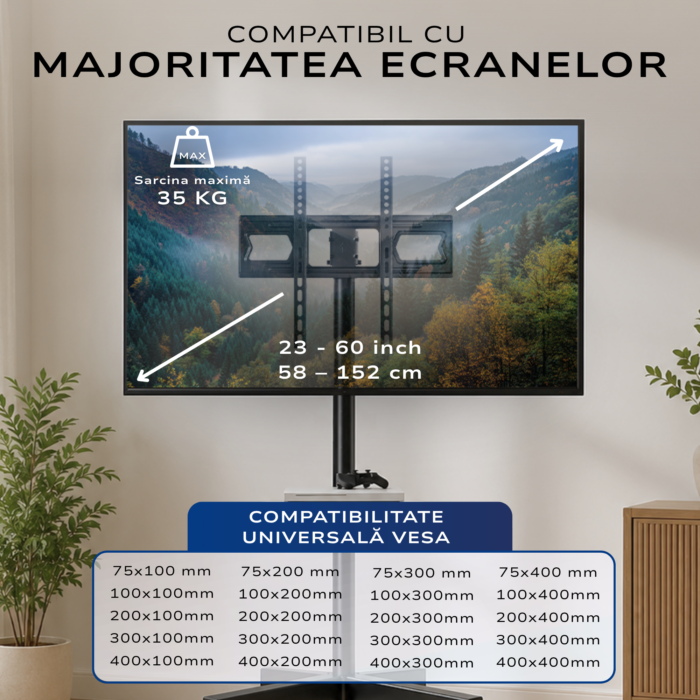 Suport TV Mobil cu Roti, Premium, Suport Raft Laptop, PS, DVD, Reglabil, Rotire / Inclinare, Inaltime Reglabila, Universal pentru Televizoare cu Ecrane 58 - 152 cm, Compatibil VESA 75x100 - 400x400, Max 35 kg, Instalare Usoara, Negru - imagine 2