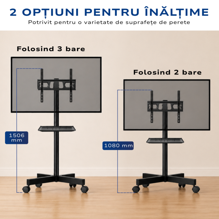 Suport TV Mobil cu Roti, Premium, Suport Raft Laptop, PS, DVD, Reglabil, Rotire / Inclinare, Inaltime Reglabila, Universal pentru Televizoare cu Ecrane 58 - 152 cm, Compatibil VESA 75x100 - 400x400, Max 35 kg, Instalare Usoara, Negru - imagine 3