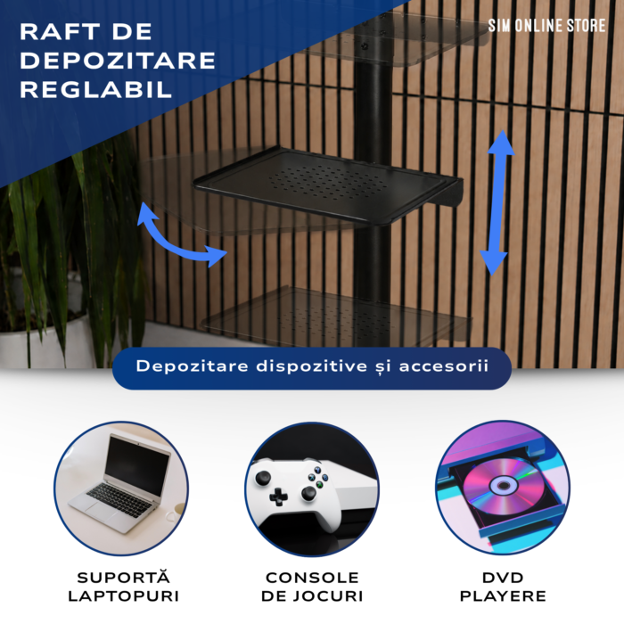 Suport TV Mobil cu Roti, Premium, Suport Raft Laptop, PS, DVD, Reglabil, Rotire / Inclinare, Inaltime Reglabila, Universal pentru Televizoare cu Ecrane 58 - 152 cm, Compatibil VESA 75x100 - 400x400, Max 35 kg, Instalare Usoara, Negru - imagine 4