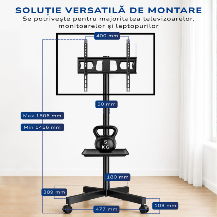 Suport TV Mobil cu Roti, Premium, Suport Raft Laptop, PS, DVD, Reglabil, Rotire / Inclinare, Inaltime Reglabila, Universal pentru Televizoare cu Ecrane 58 - 152 cm, Compatibil VESA 75x100 - 400x400, Max 35 kg, Instalare Usoara, Negru - imagine 6